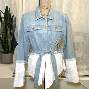 K-Pop Street Style  Twofer- Denim Jacket with white botton down details.